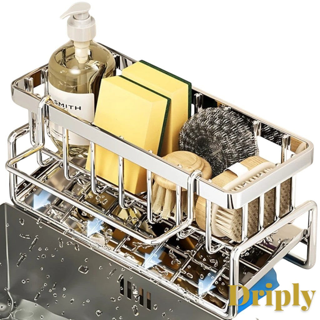 Gr8est stainless steel over-sink drying rack holding sponges, brushes, and soap, designed for kitchen organization.