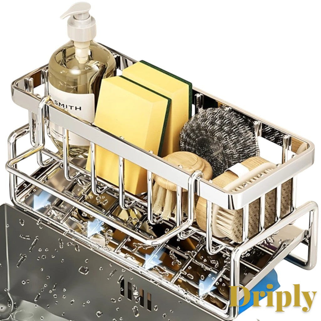 Gr8est stainless steel over-sink drying rack holding sponges, brushes, and soap, designed for kitchen organization.