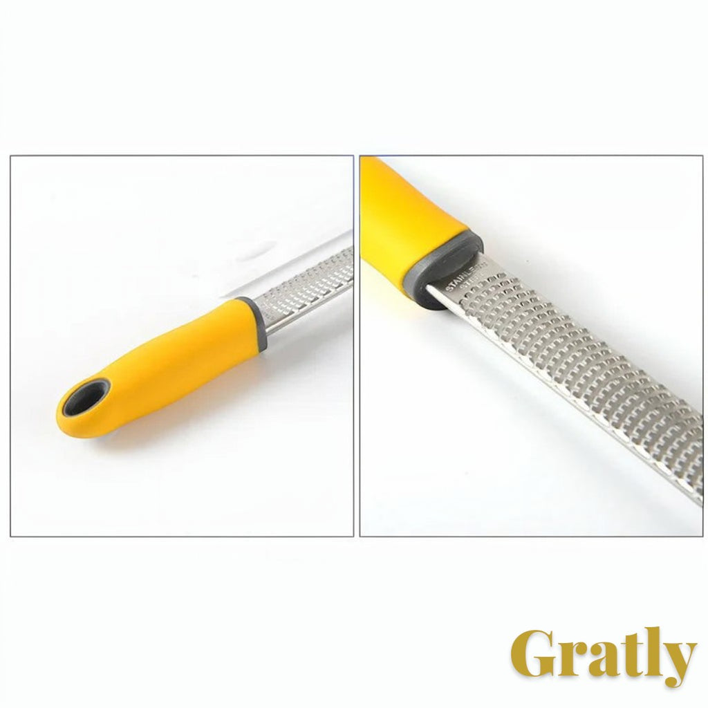 Gr8est stainless steel multi-purpose grater with a yellow ergonomic handle for cheese, chocolate, and citrus zest.