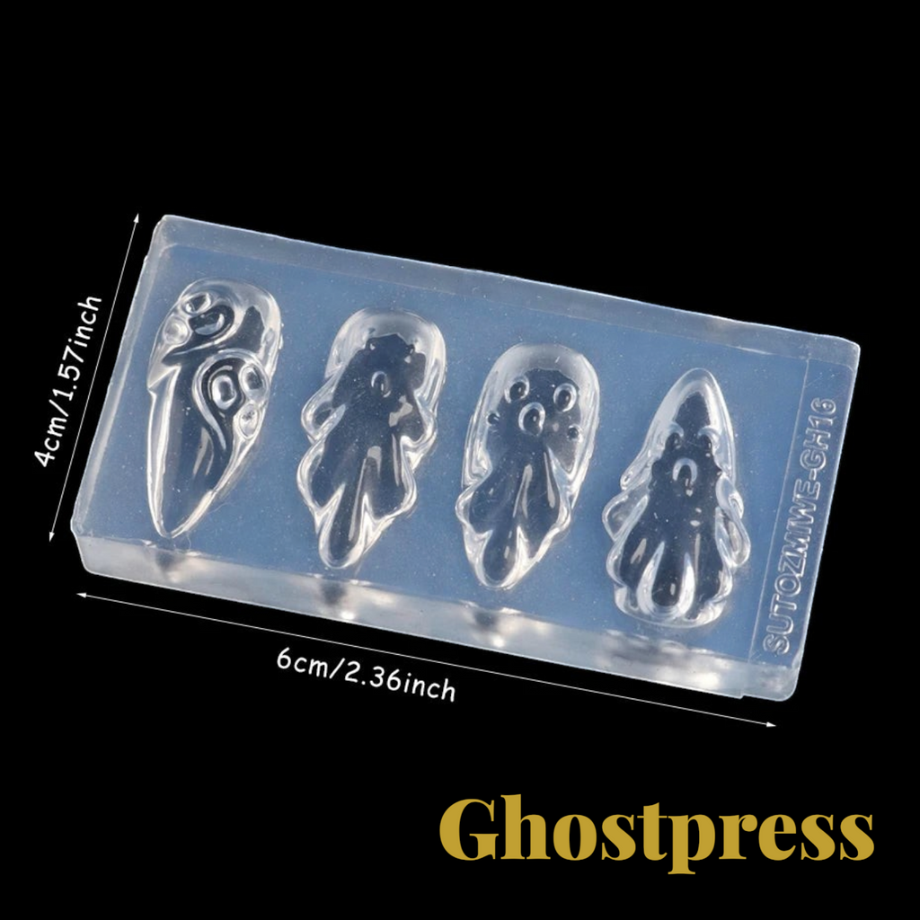 Gr8est Store 3D ghost nail art mold for creating raised Halloween manicure designs with four unique ghost patterns.