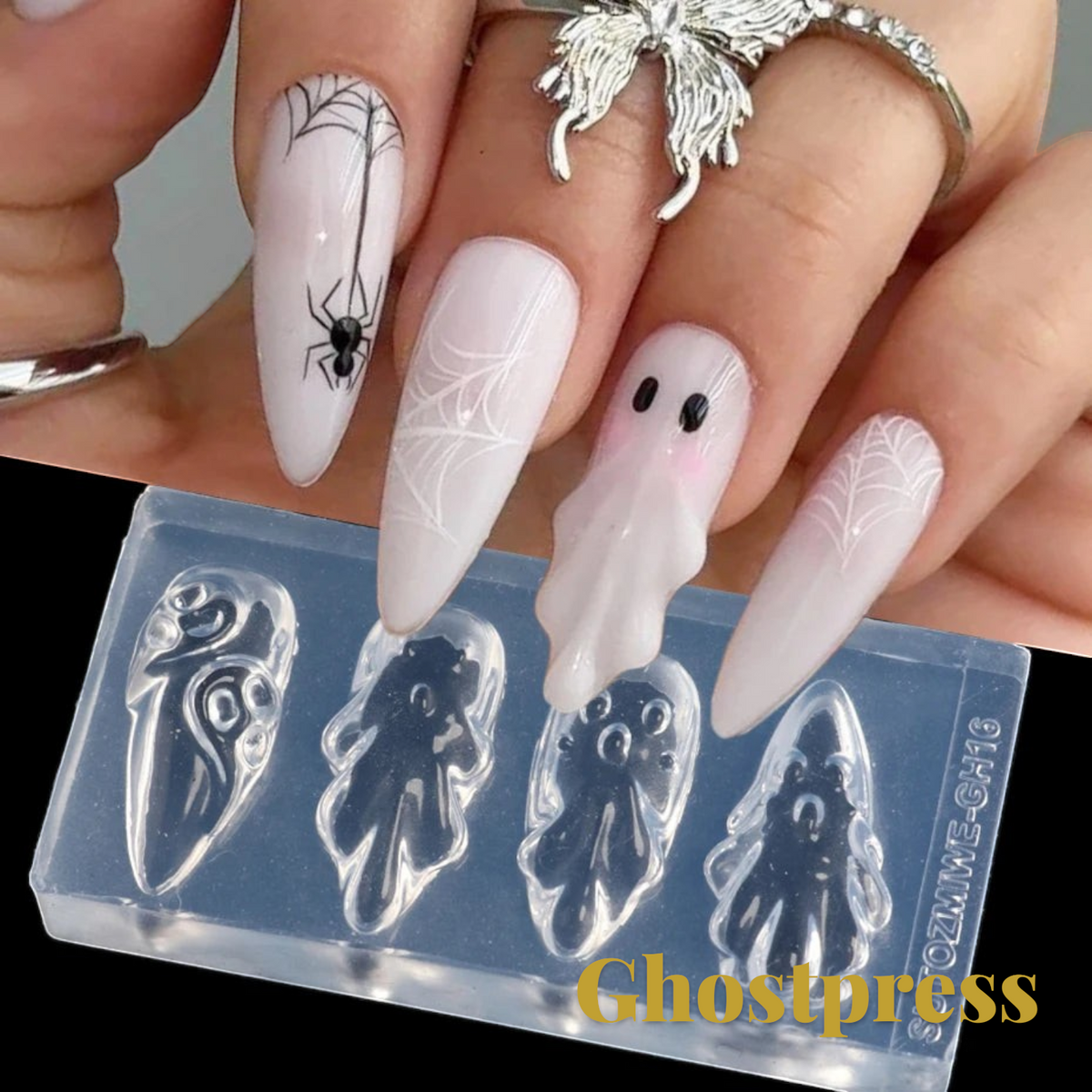 Gr8est Store 3D ghost nail art mold used to create raised white ghost decorations on long almond-shaped Halloween nails.