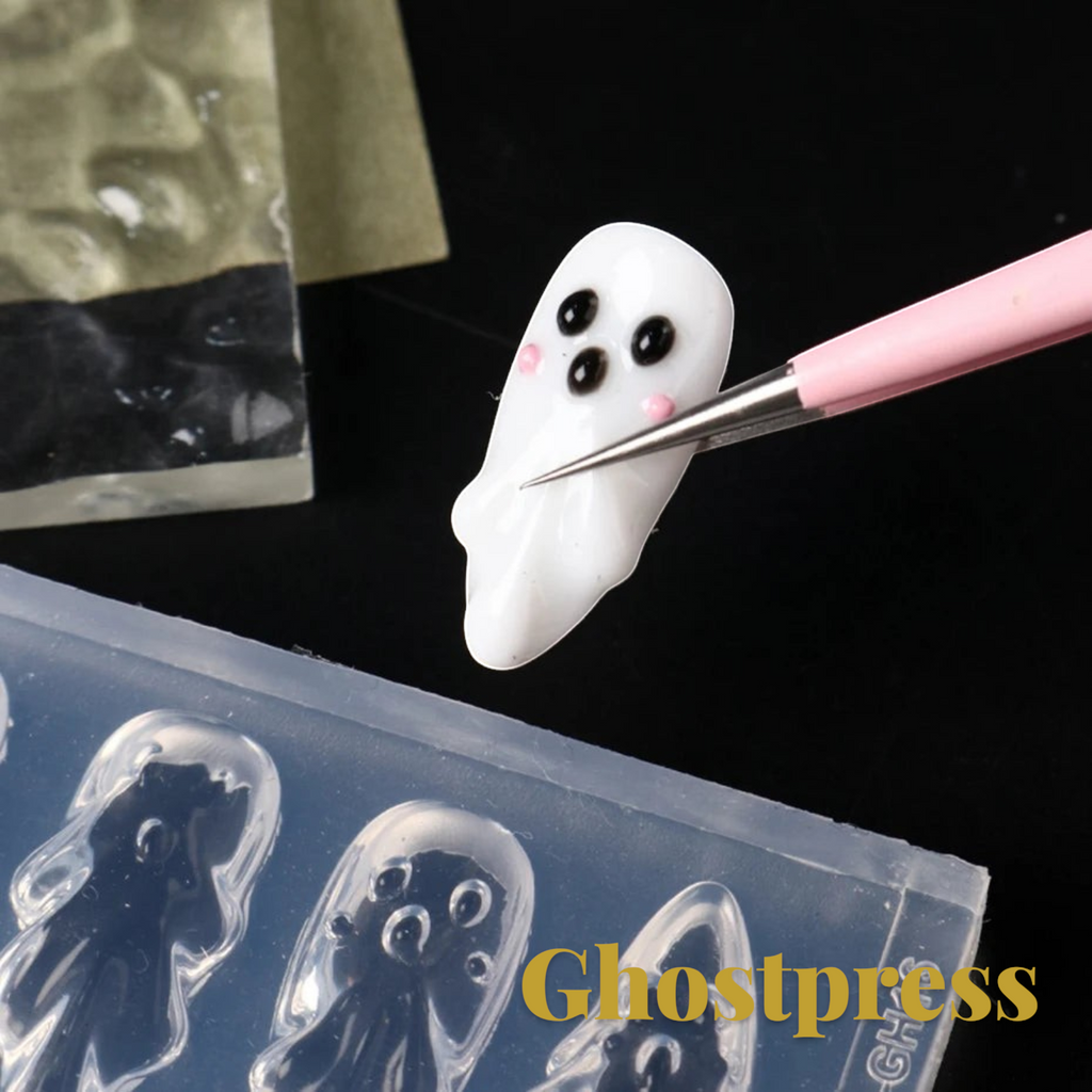 Gr8est Store 3D ghost nail art mold creating a white raised ghost charm with black eyes and pink cheeks