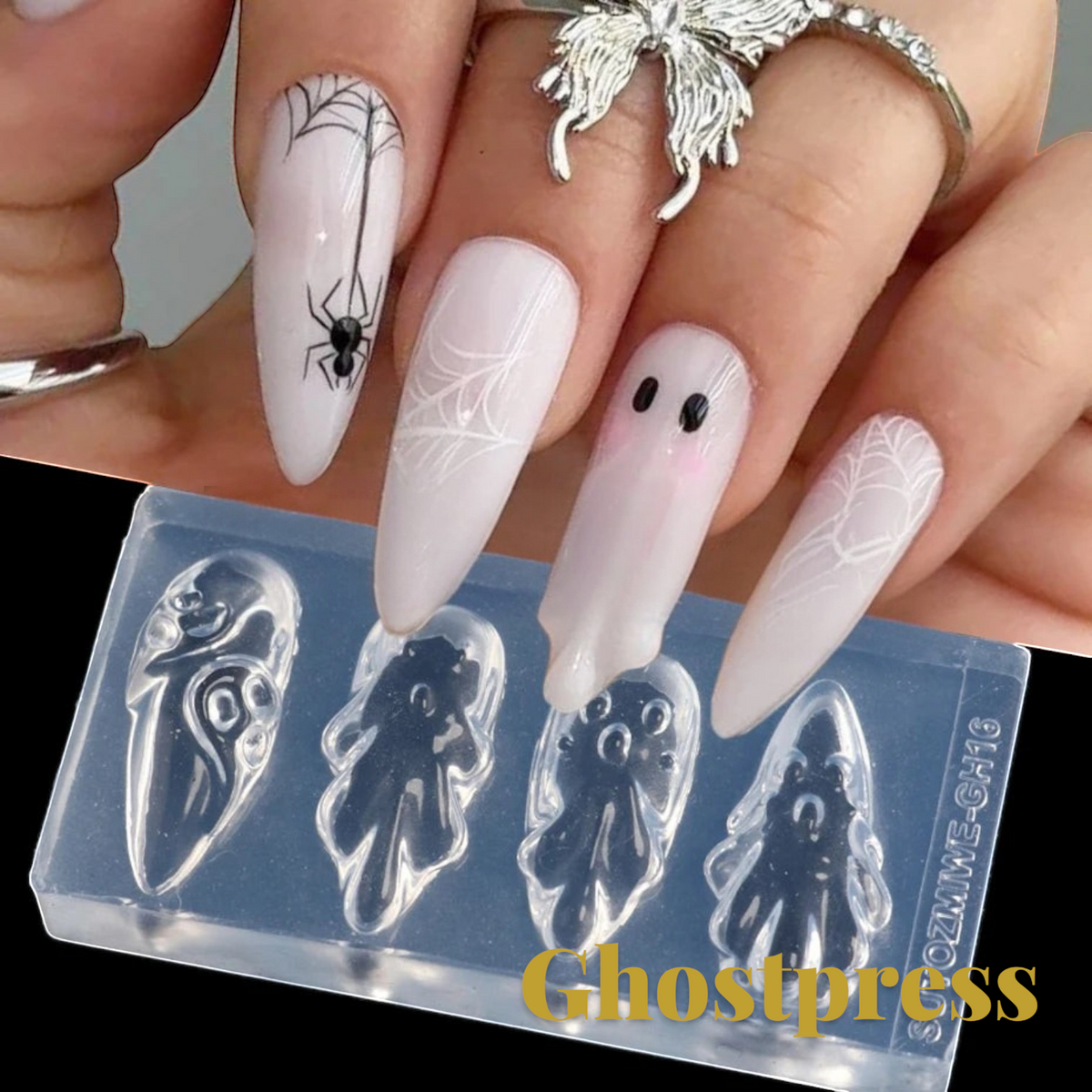 Gr8est Store 3D ghost nail art mold used to create raised spooky ghost decorations on long white Halloween manicure