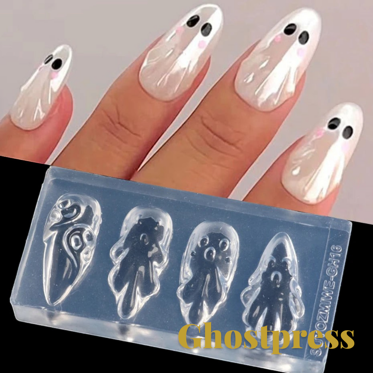 Gr8est Store 3D ghost nail art mold for creating raised Halloween manicure designs on acrylic or gel nails.