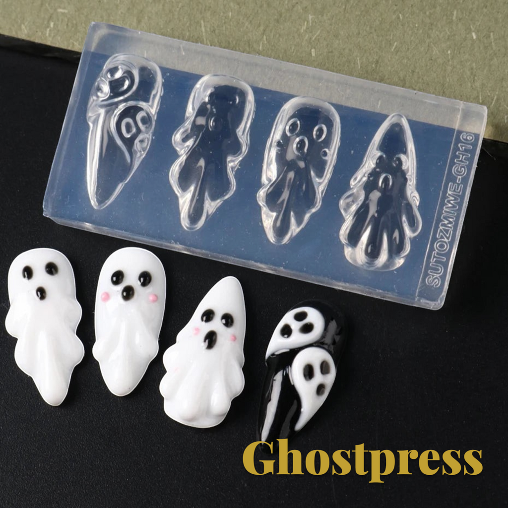 Gr8est Store 3D ghost nail art mold with clear silicone tray and finished white and black ghost charms for Halloween