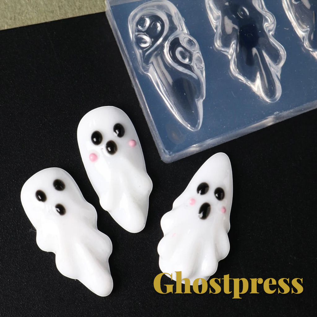 Gr8est Store 3D ghost nail art mold with three finished white ghost charms featuring black eyes and pink cheeks