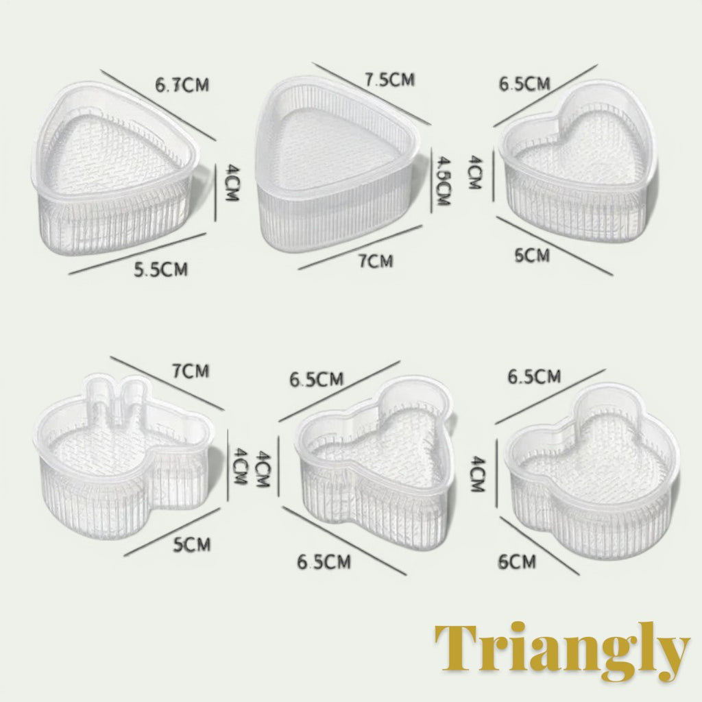 Gr8est set of clear plastic sushi and onigiri rice ball molds in various shapes including triangle and animal designs.