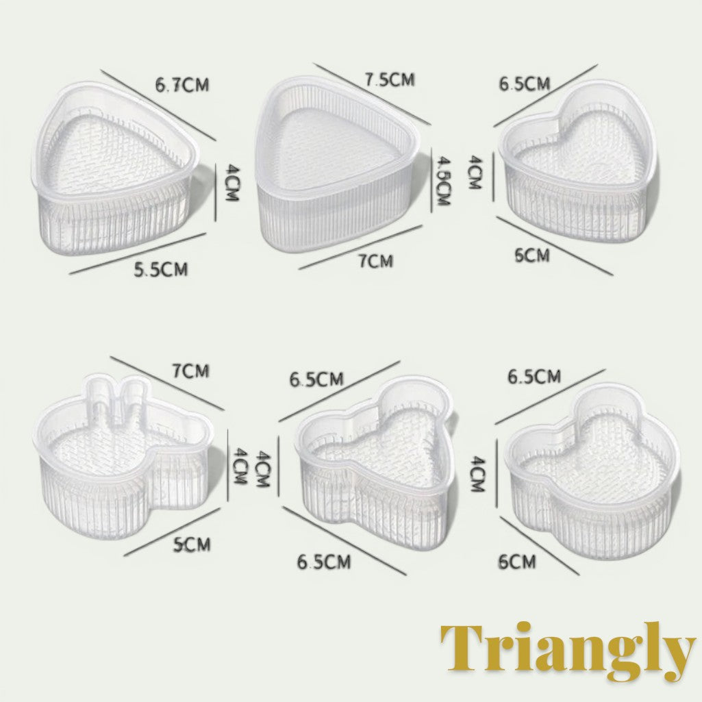 Gr8est set of six clear plastic sushi and onigiri rice ball molds in various shapes including triangle and animal