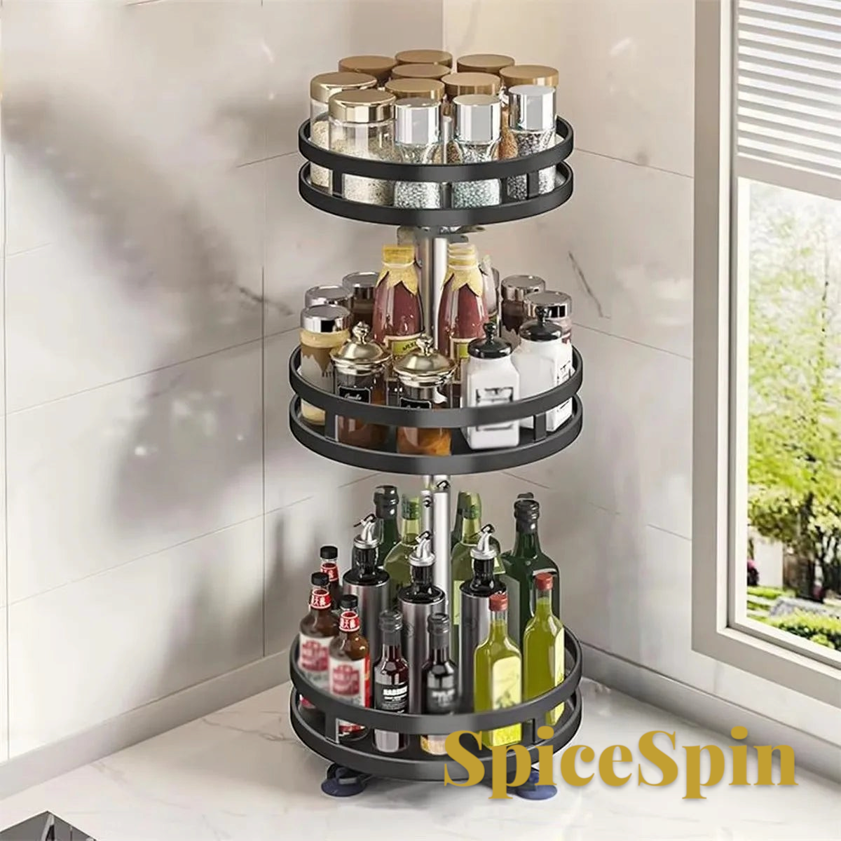 Gr8est three-tier rotating spice rack with black metal shelves and raised edges for organized kitchen storage