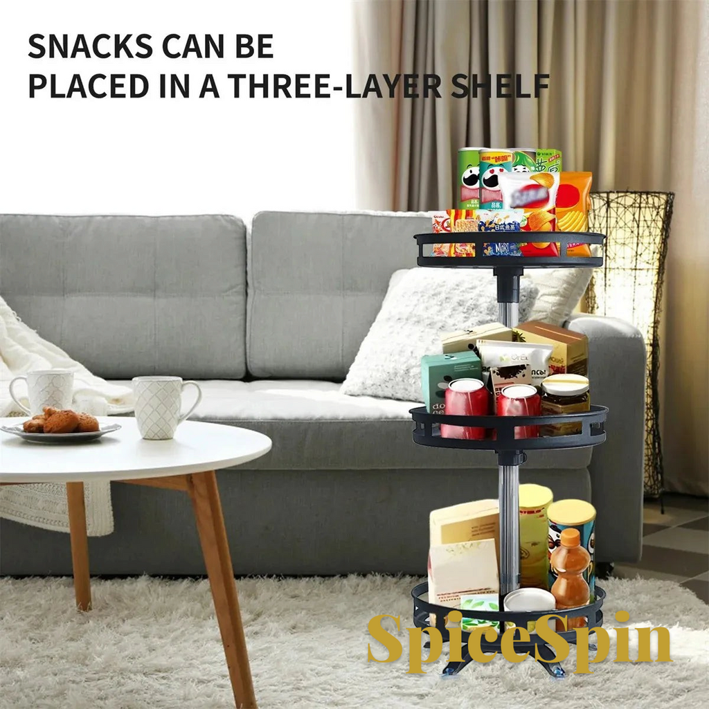 Gr8est three-tier rotating spice rack organizer with black circular shelves and raised edges for kitchen storage