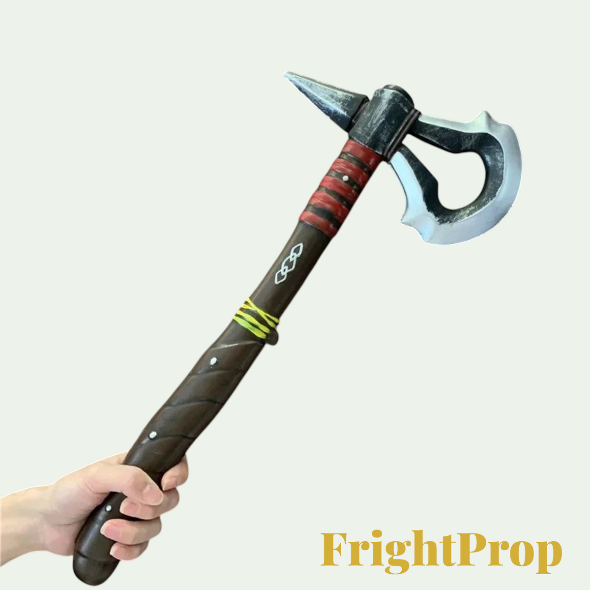 Gr8est PU foam tomahawk axe prop for Halloween cosplay featuring a weathered metal-look blade and dark wood handle