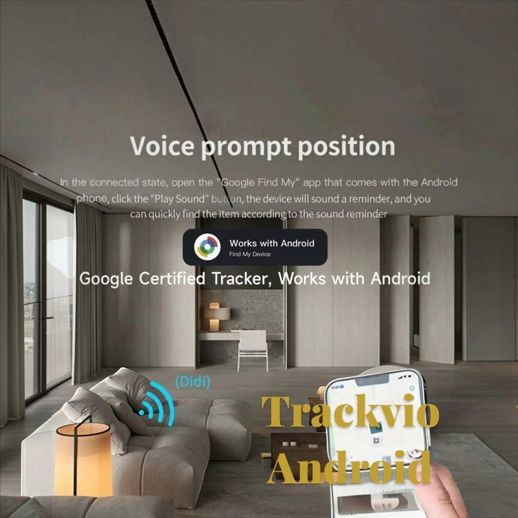 Gr8est Trackvio Android Bluetooth smart tracker card showing Google Find My Device integration in a modern living room