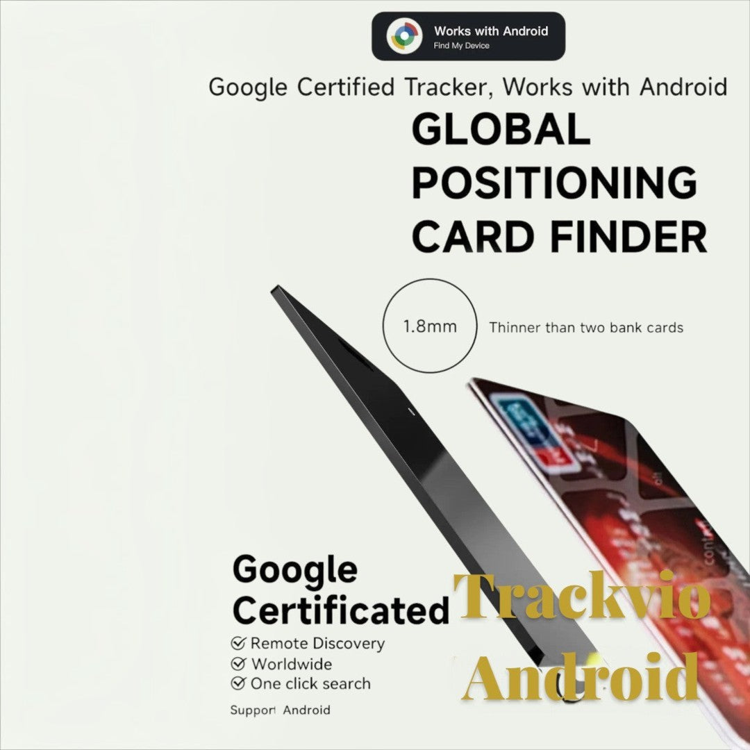 Gr8est Trackvio Android ultra-thin Bluetooth tracker card for wallets, featuring Google Find My Device compatibility.