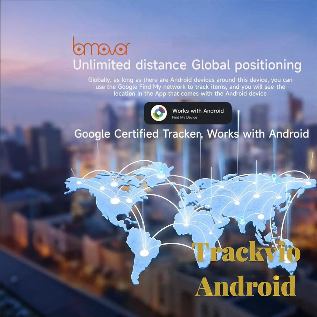 Gr8est Trackvio Android Bluetooth smart tracker card showing global positioning network map for Google Find My Device