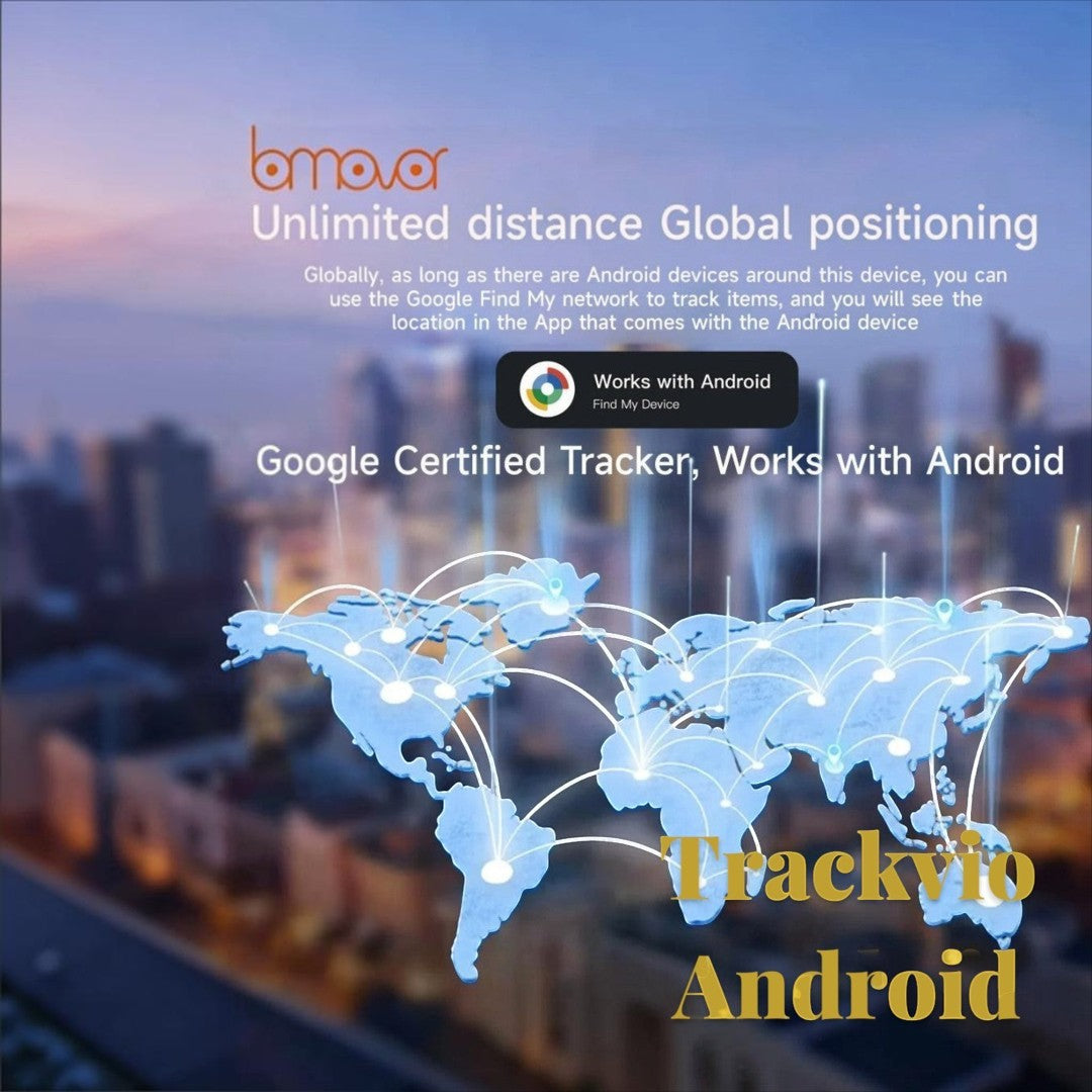 Gr8est Trackvio Android Bluetooth smart tracker card showing global positioning network map for Google Find My Device