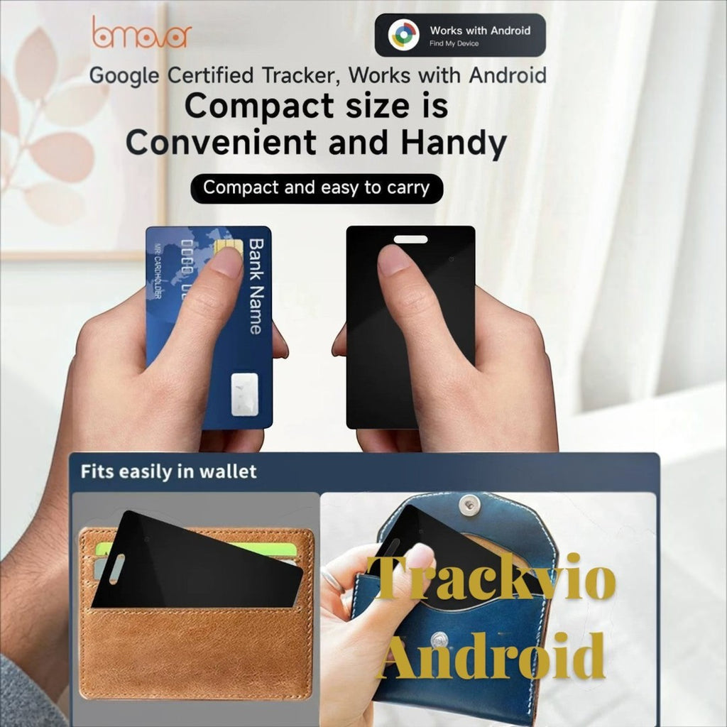 Gr8est Trackvio Android Bluetooth smart tracker card shown in hand and inside a leather wallet for size comparison.