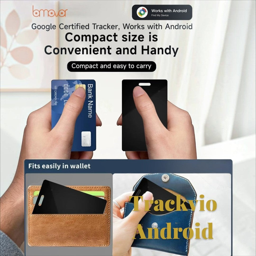 Gr8est Trackvio Android Bluetooth smart tracker card shown in hand and inside a leather wallet for size comparison.