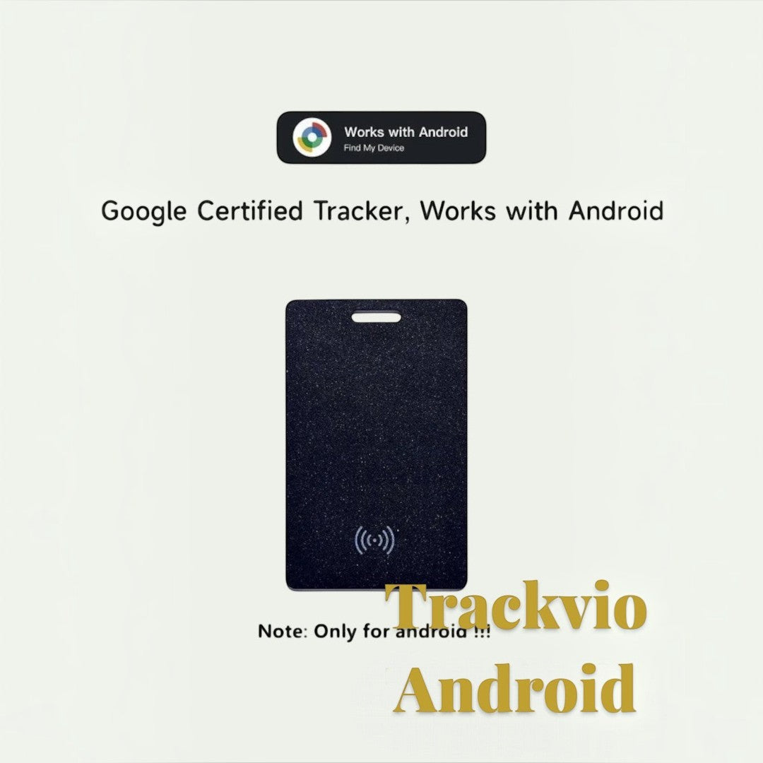 Gr8est Trackvio Android Bluetooth smart tracker card with a slim black textured design for wallets and luggage.