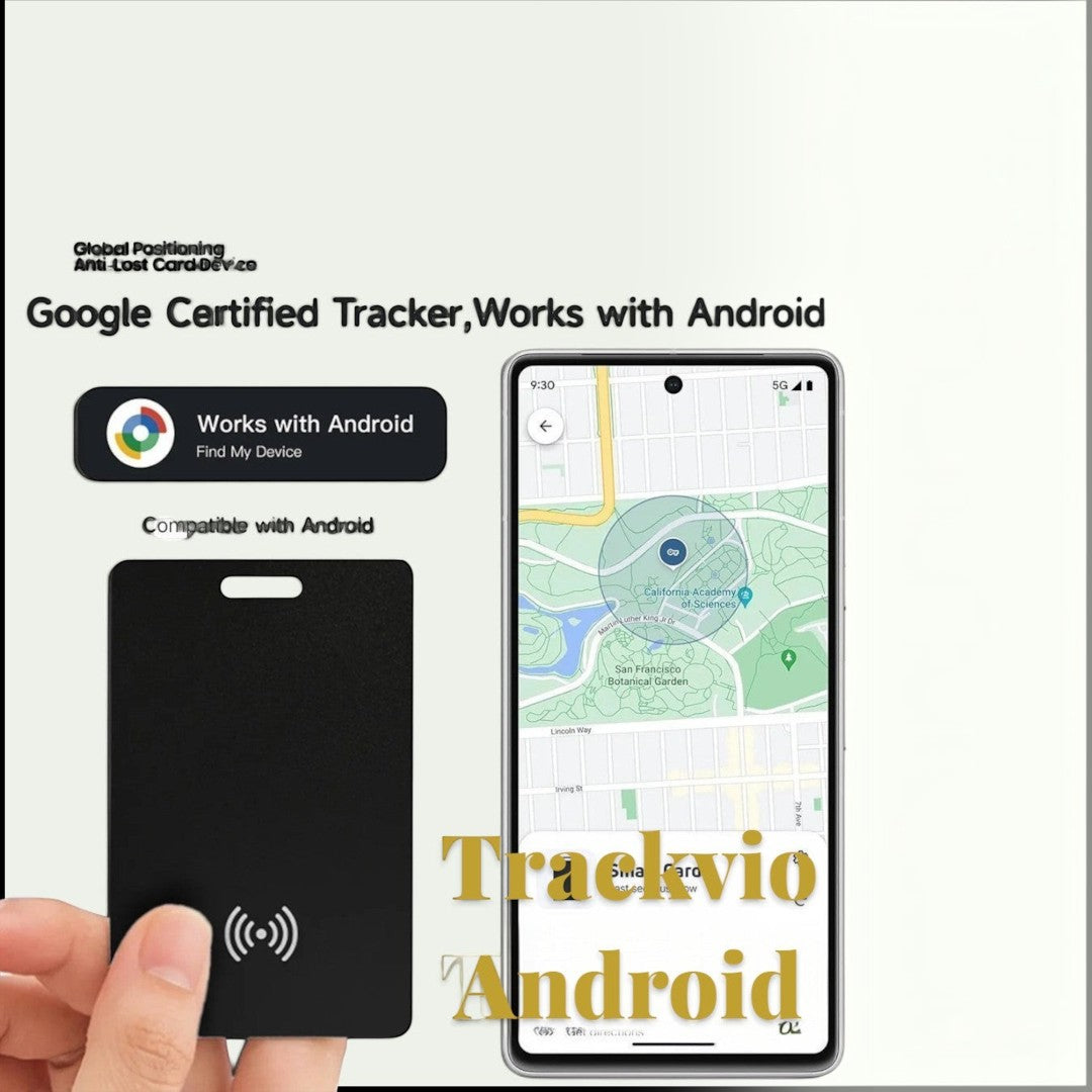 Gr8est Trackvio Android Bluetooth smart tracker card held by hand with a smartphone showing location tracking app