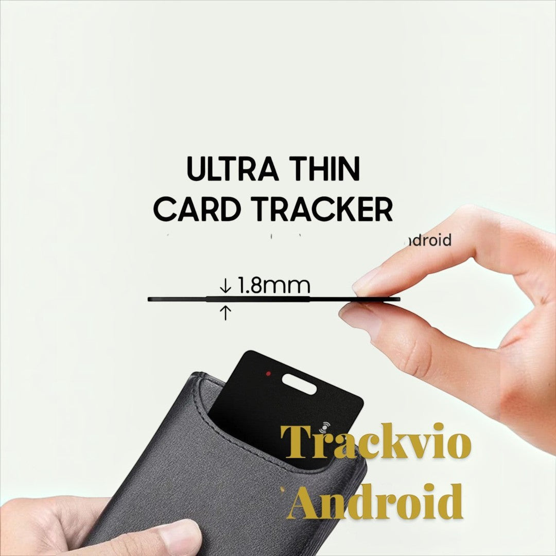 Gr8est Trackvio Android ultra-thin Bluetooth tracker card being inserted into a black leather wallet