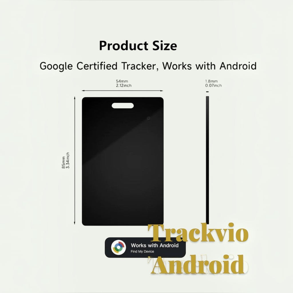 Gr8est Trackvio Android Bluetooth smart tracker card showing dimensions and Google Find My Device compatibility