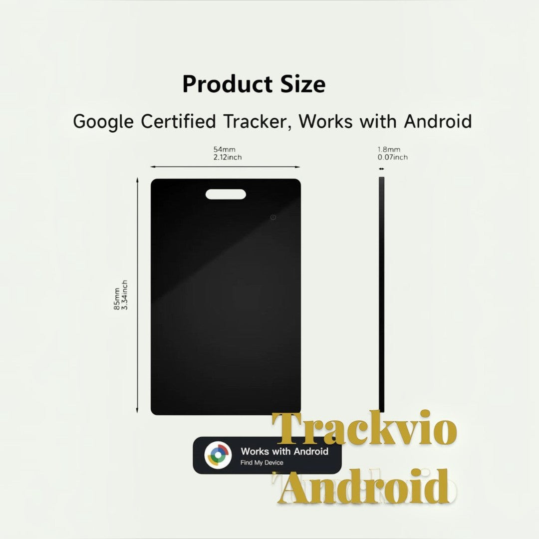 Gr8est Trackvio Android Bluetooth smart tracker card showing dimensions and Google Find My Device compatibility