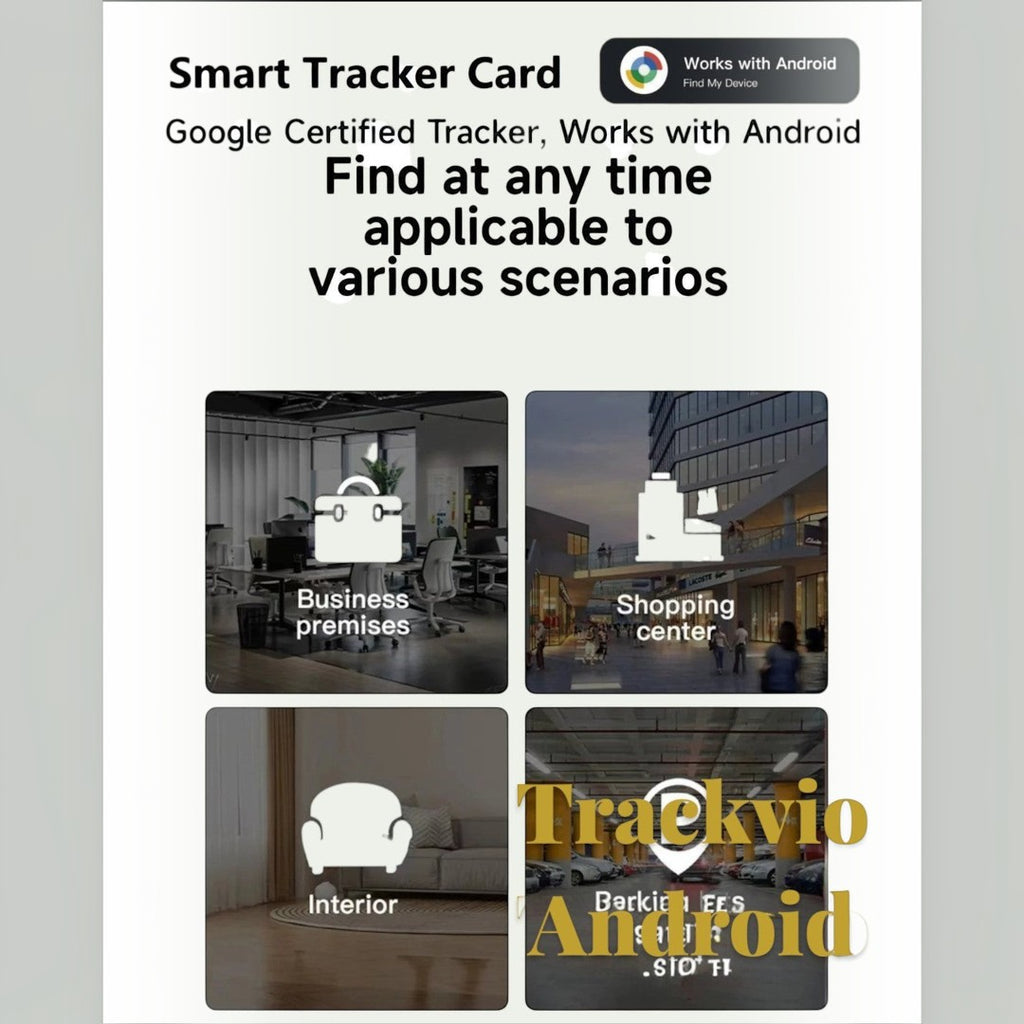 Gr8est Trackvio Android Bluetooth smart tracker card showing usage scenarios like office, shopping, and parking.