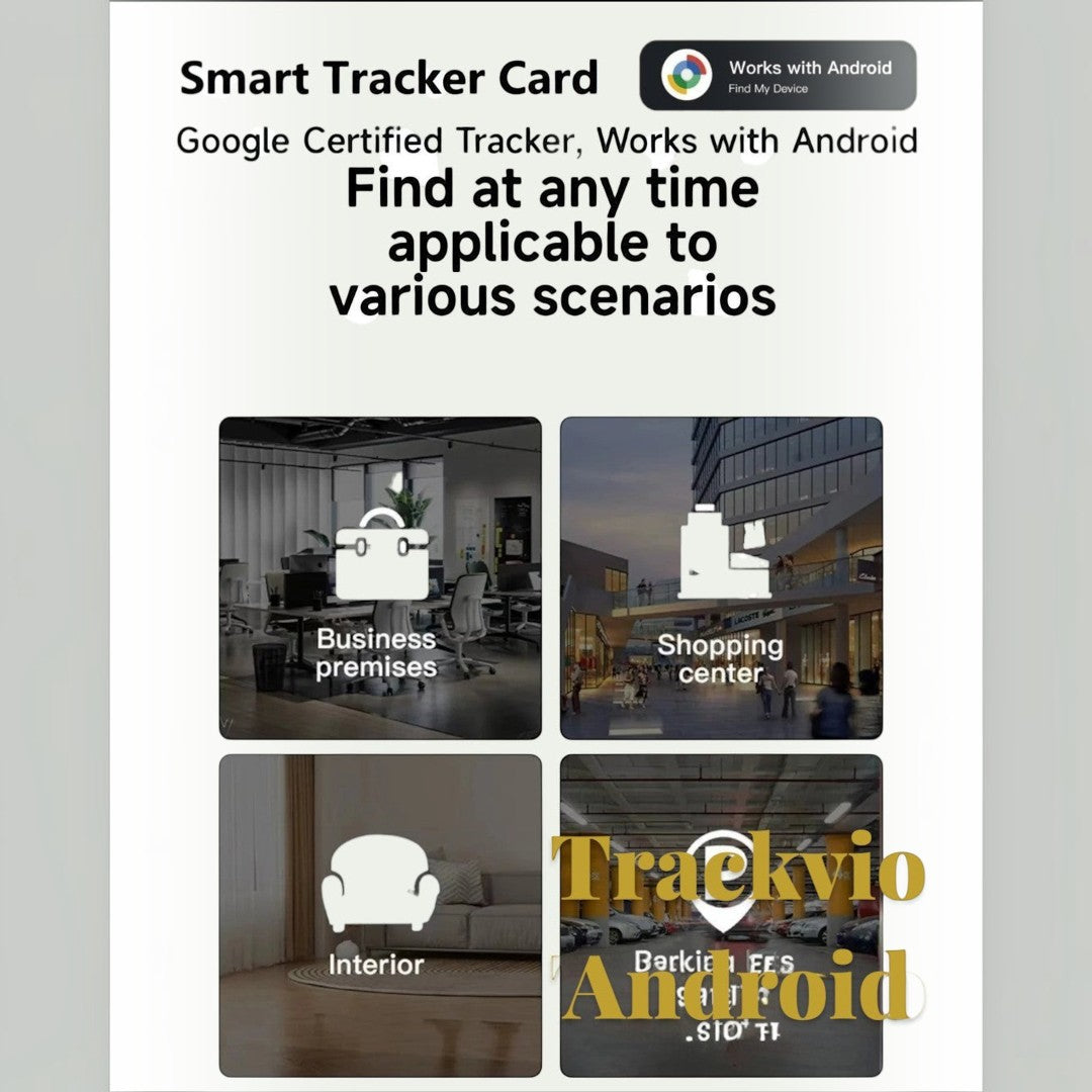 Gr8est Trackvio Android Bluetooth smart tracker card showing usage scenarios like office, shopping, and parking.