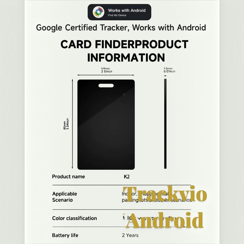 Gr8est Trackvio Android Bluetooth smart tracker card showing dimensions and Google Find My Device compatibility