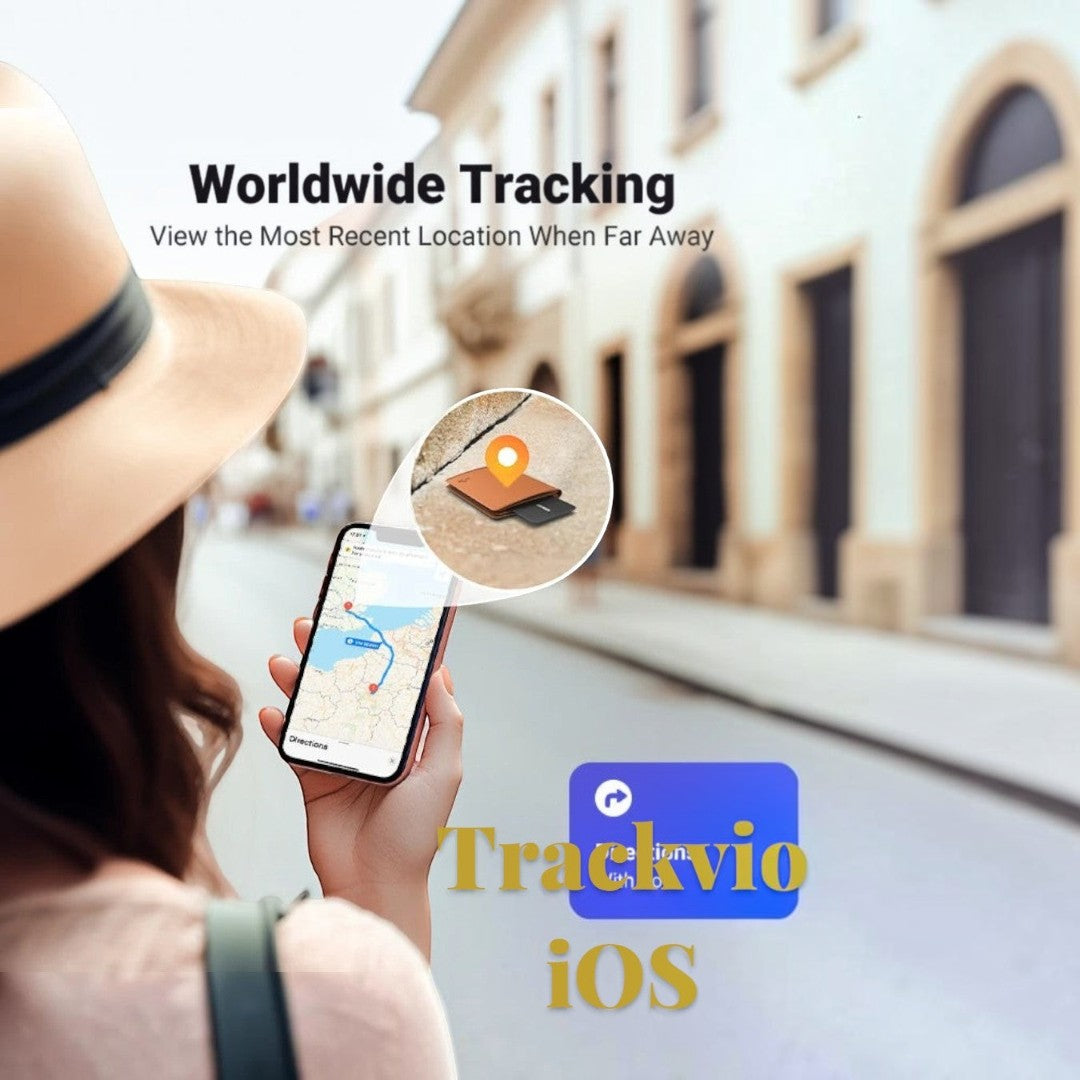 Gr8est Trackvio Bluetooth smart card inside a wallet being tracked on an iPhone screen in a city street setting