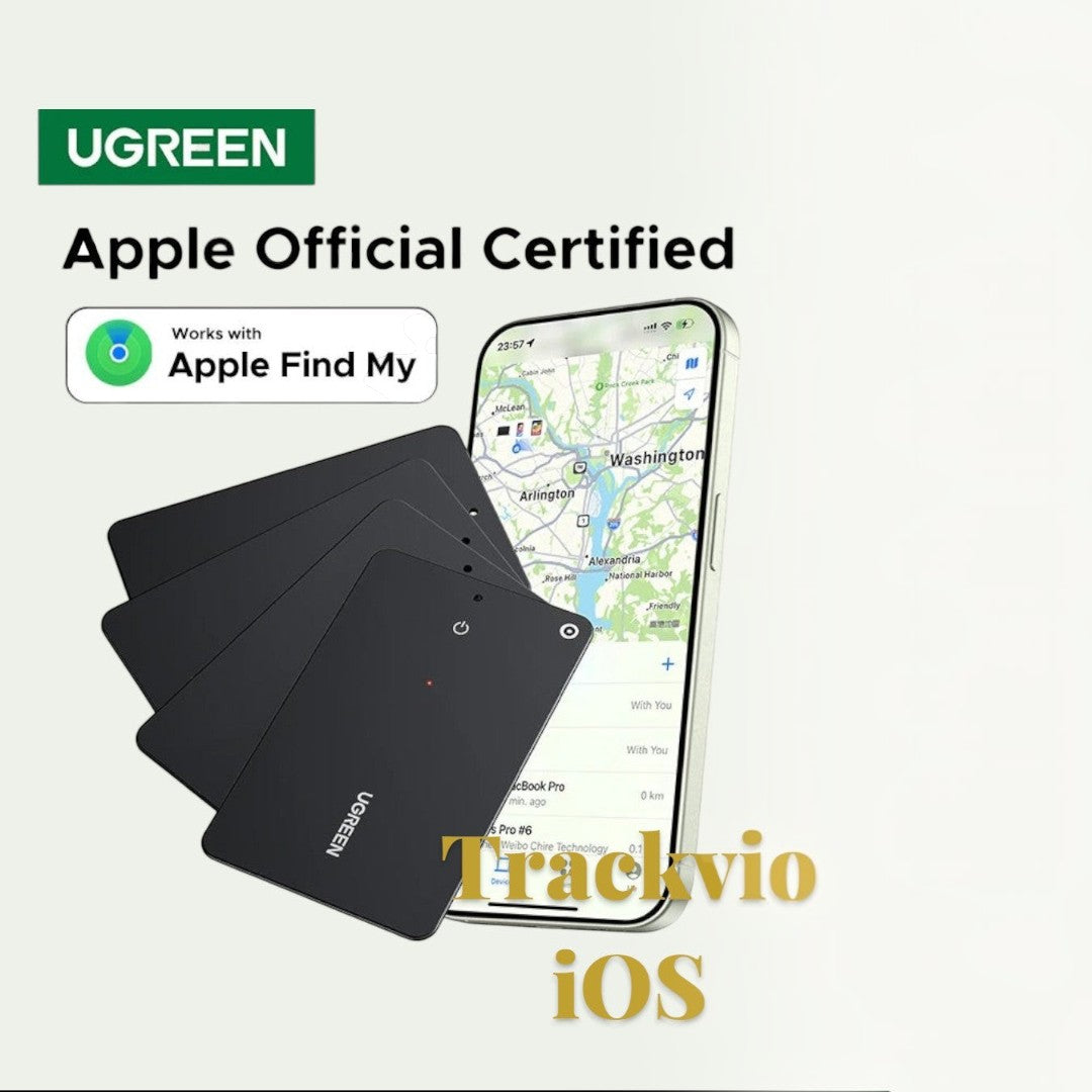 Gr8est Trackvio ultra-slim Bluetooth smart tracker cards for Apple Find My network, shown in a black 4-pack set.