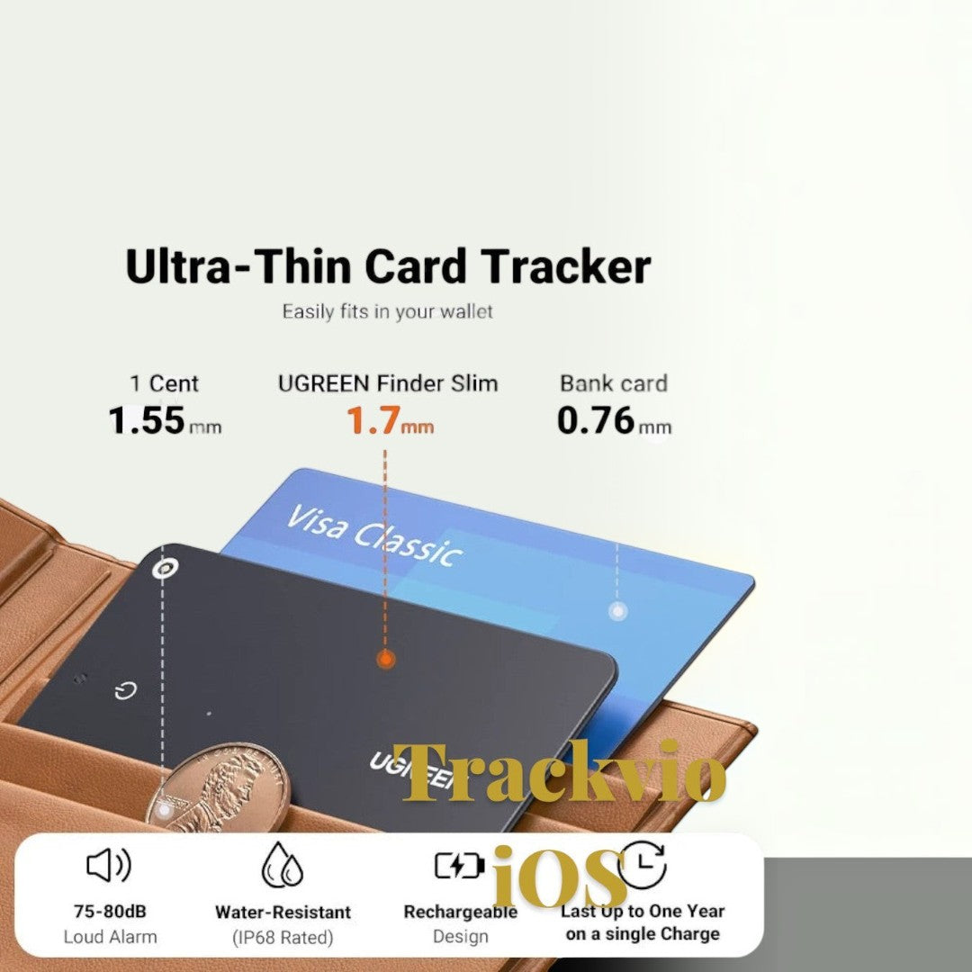 Gr8est Trackvio ultra-thin Bluetooth smart tracker card for Apple Find My inside a leather wallet