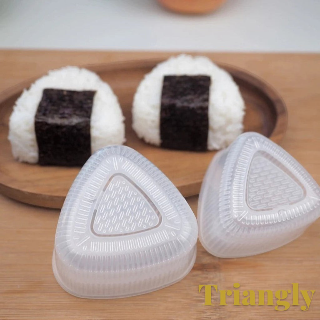 Gr8est triangle sushi and onigiri rice ball mold set with two clear plastic press tools and finished rice balls.
