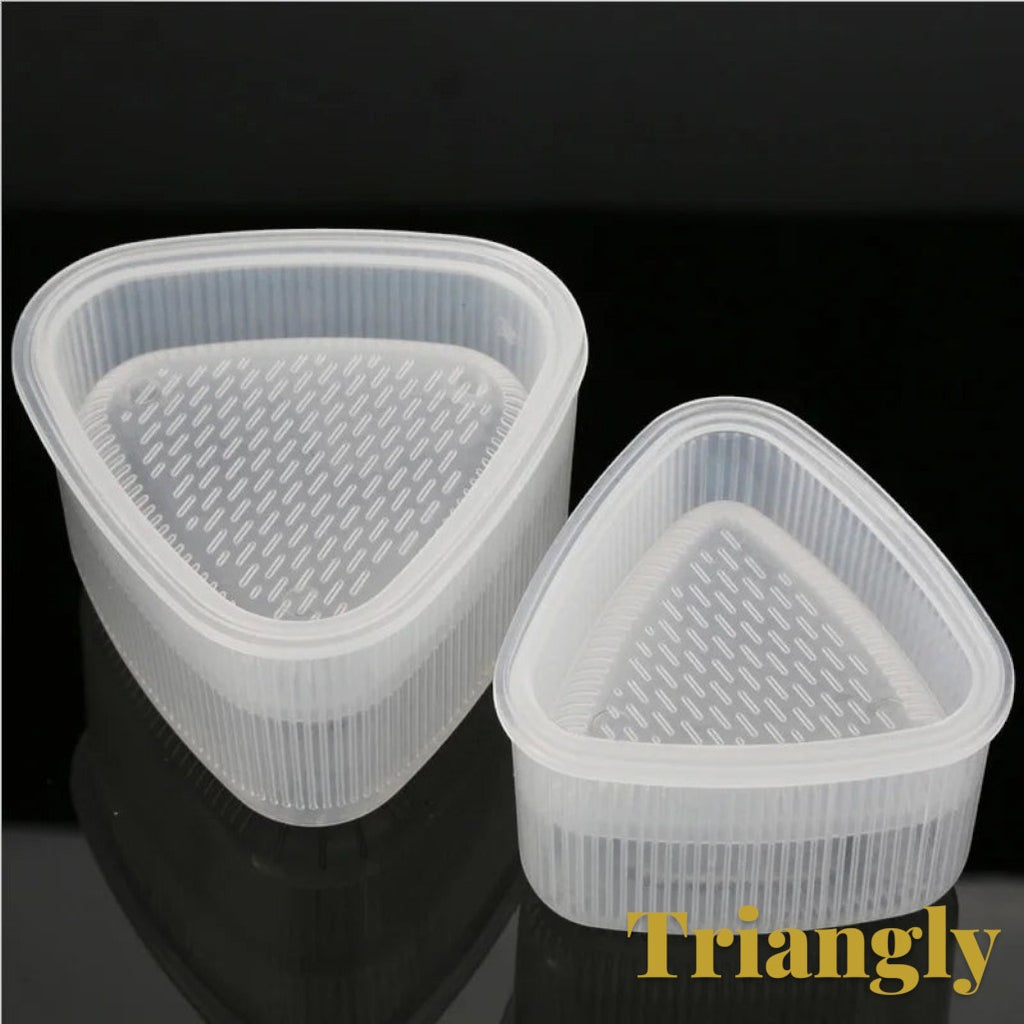 Gr8est triangle sushi and onigiri rice ball mold set made of clear textured plastic for easy bento box preparation.
