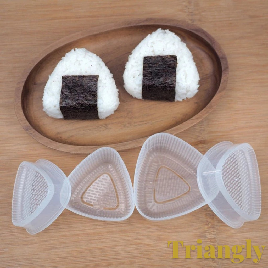 Gr8est triangle sushi and onigiri rice ball mold set with two shaped rice balls on a wooden tray