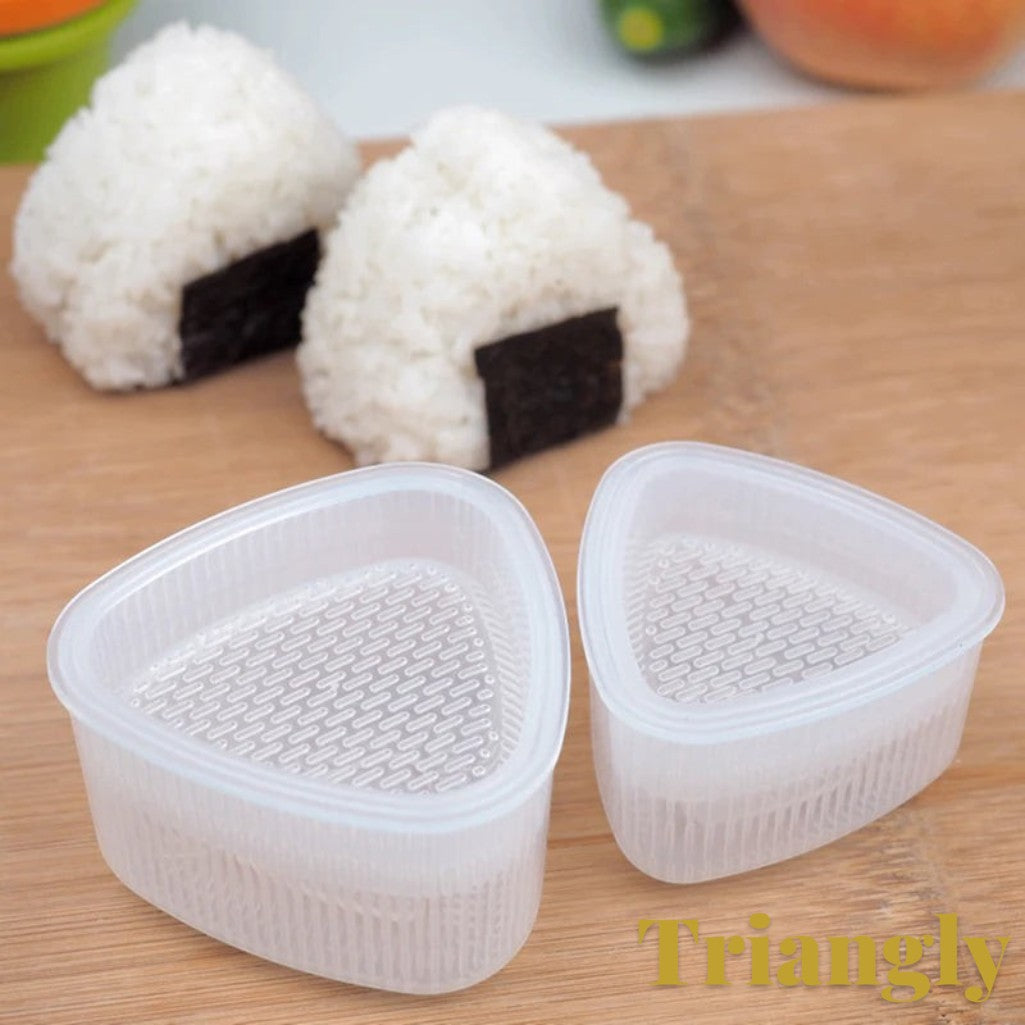 Gr8est triangle sushi and onigiri rice ball mold set with textured interior for easy release on a wooden board