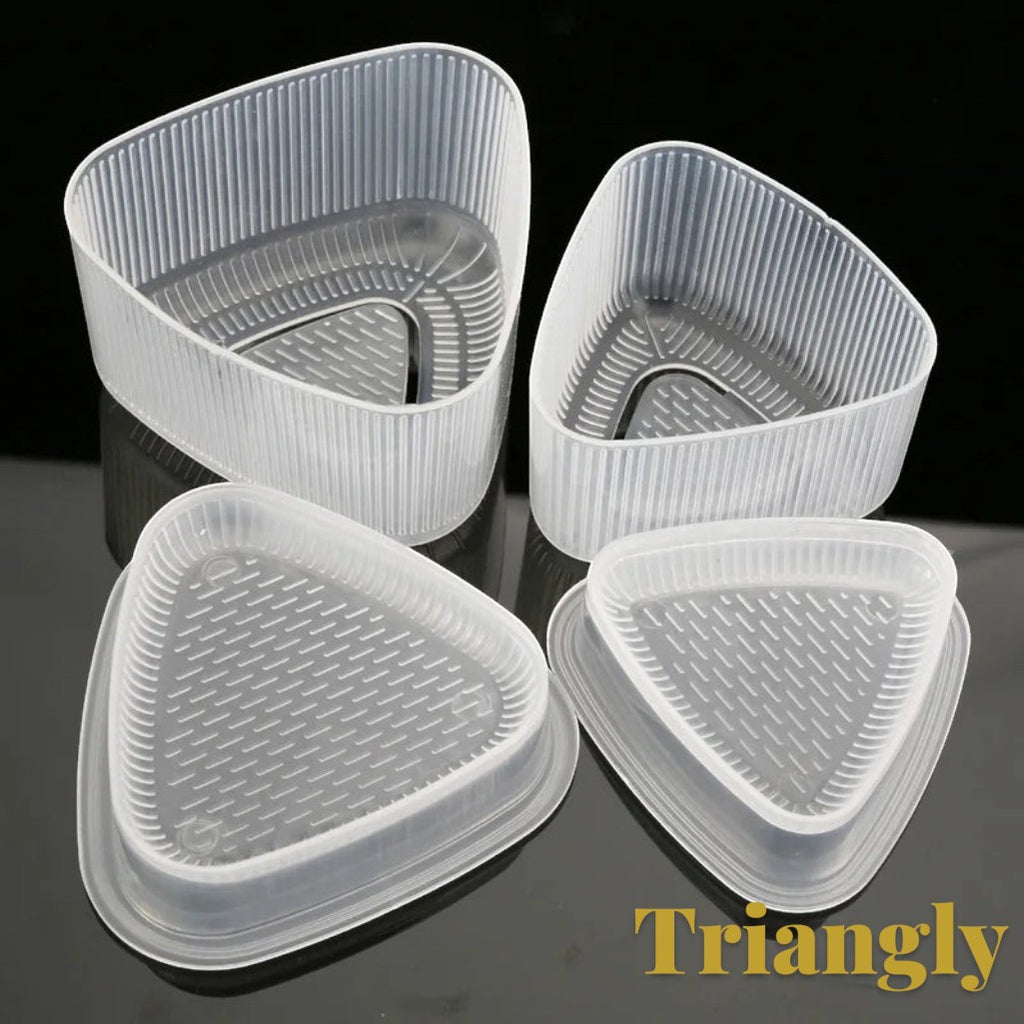 Gr8est triangle sushi and onigiri rice ball molds in clear plastic with textured non-stick surfaces for bento boxes.