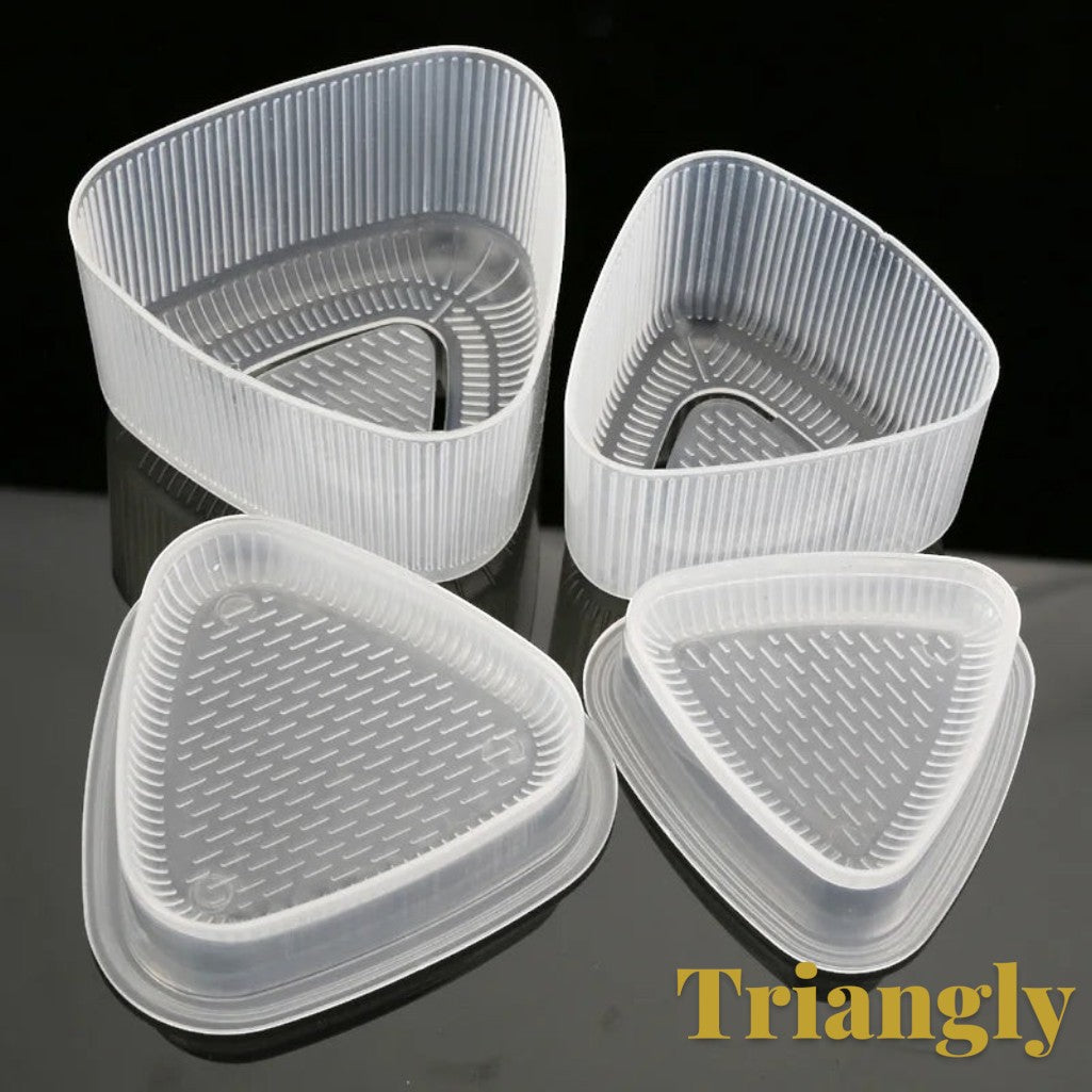 Gr8est triangle sushi and onigiri rice ball molds in clear plastic with textured non-stick surfaces for bento boxes.