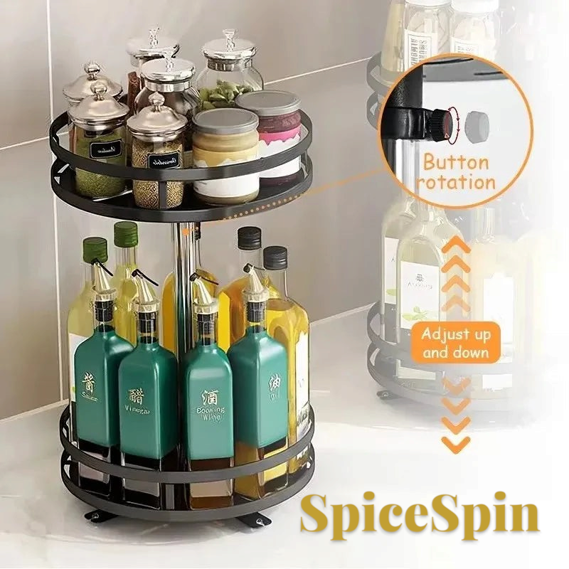 Gr8est two-tier rotating spice rack in black stainless steel with raised edges for organized kitchen storage