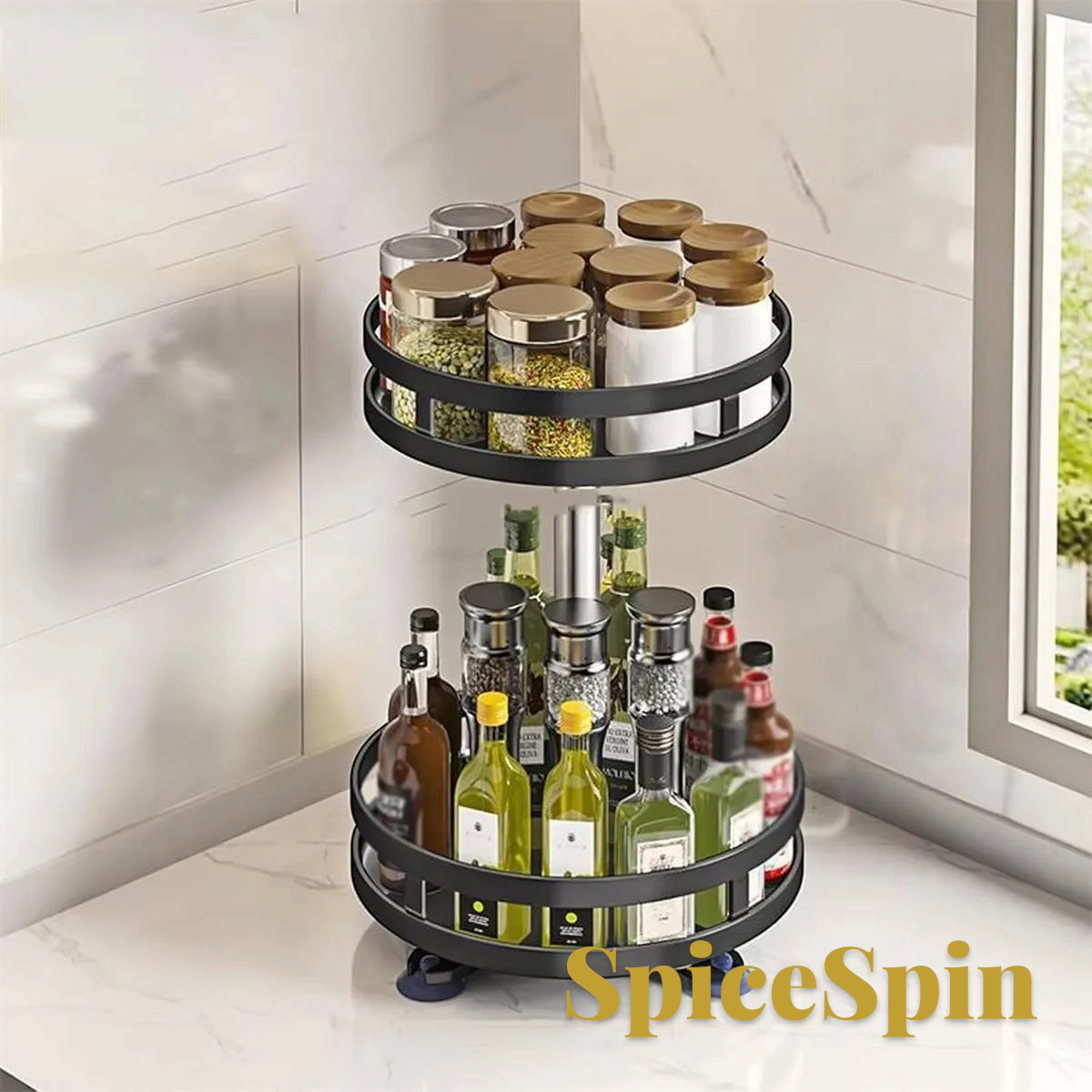 Gr8est two-tier rotating spice rack with a black stainless steel frame and raised edges on a kitchen countertop.