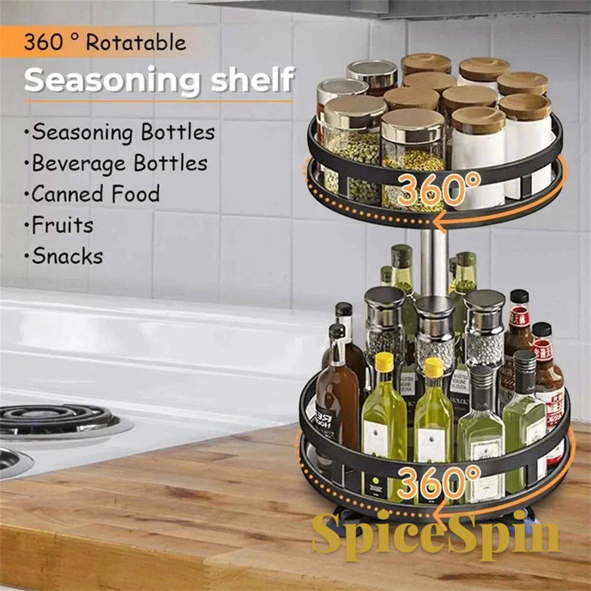 Gr8est two-tier rotating spice rack turntable with black metal trays and stainless steel support for kitchen storage