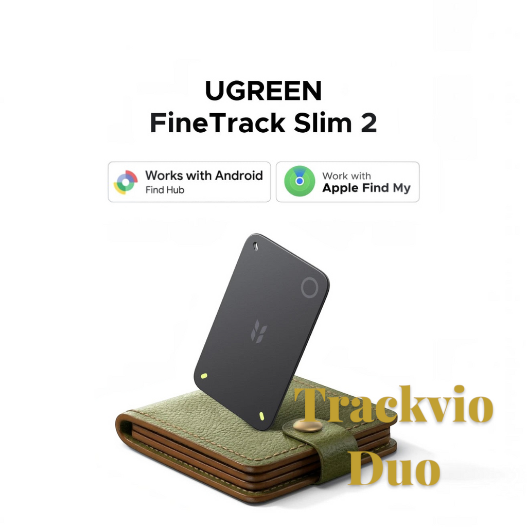 Gr8est UGREEN FineTrack Slim 2 card-style smart tracker in black resting on a green leather wallet