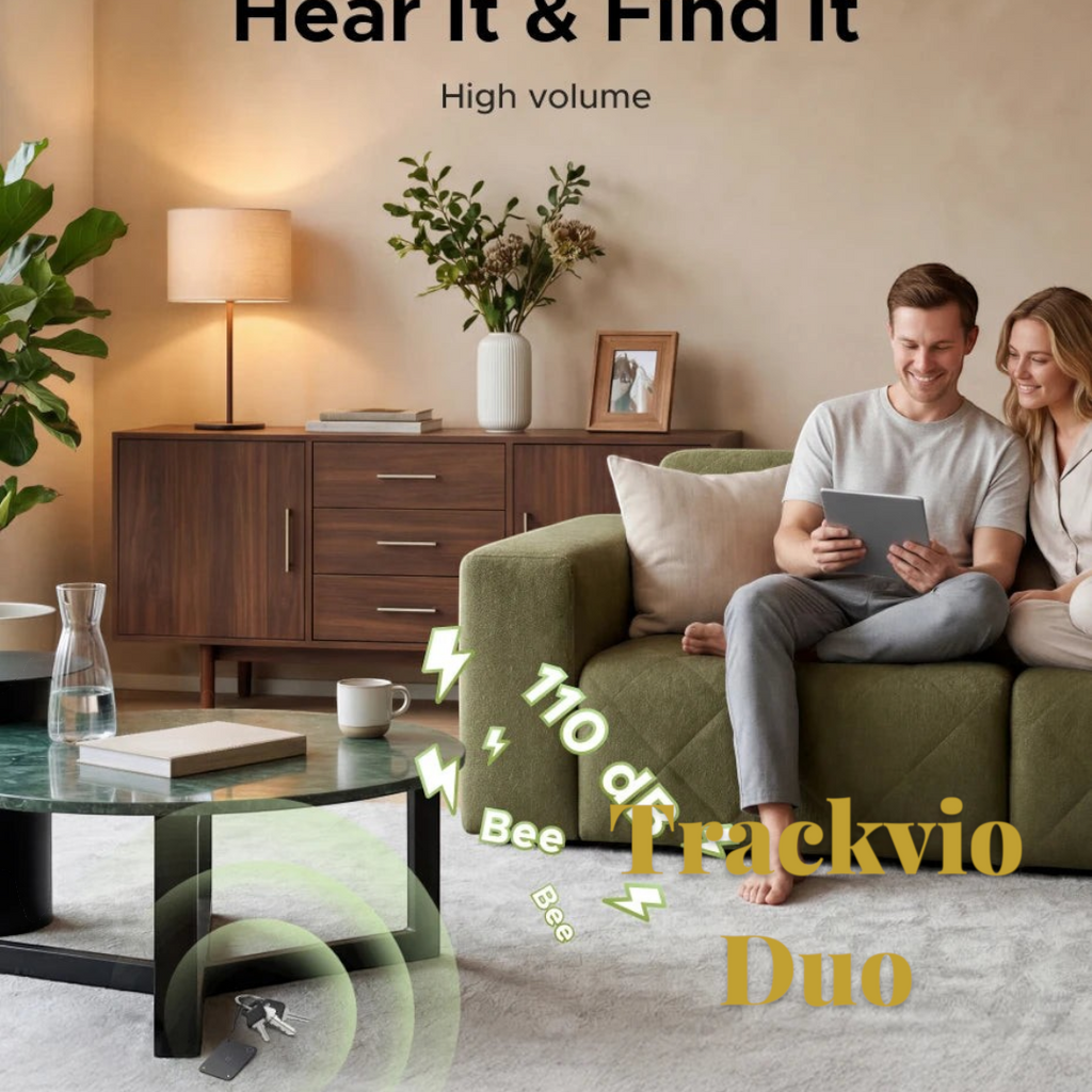 Gr8est UGREEN FineTrack Slim 2 smart tracker emitting a 110dB sound to help a couple locate keys in a living room
