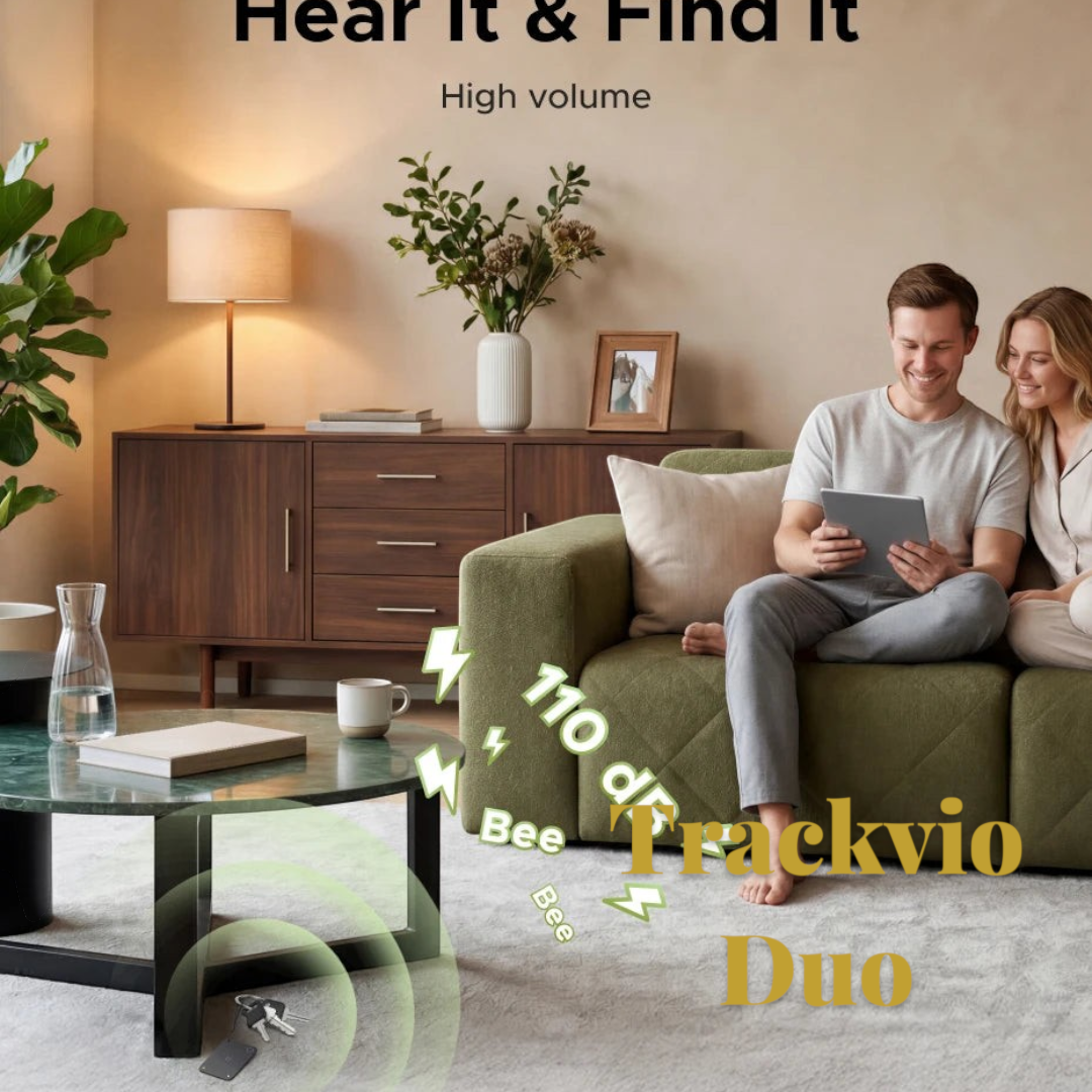 Gr8est UGREEN FineTrack Slim 2 smart tracker emitting a 110dB sound to help a couple locate keys in a living room