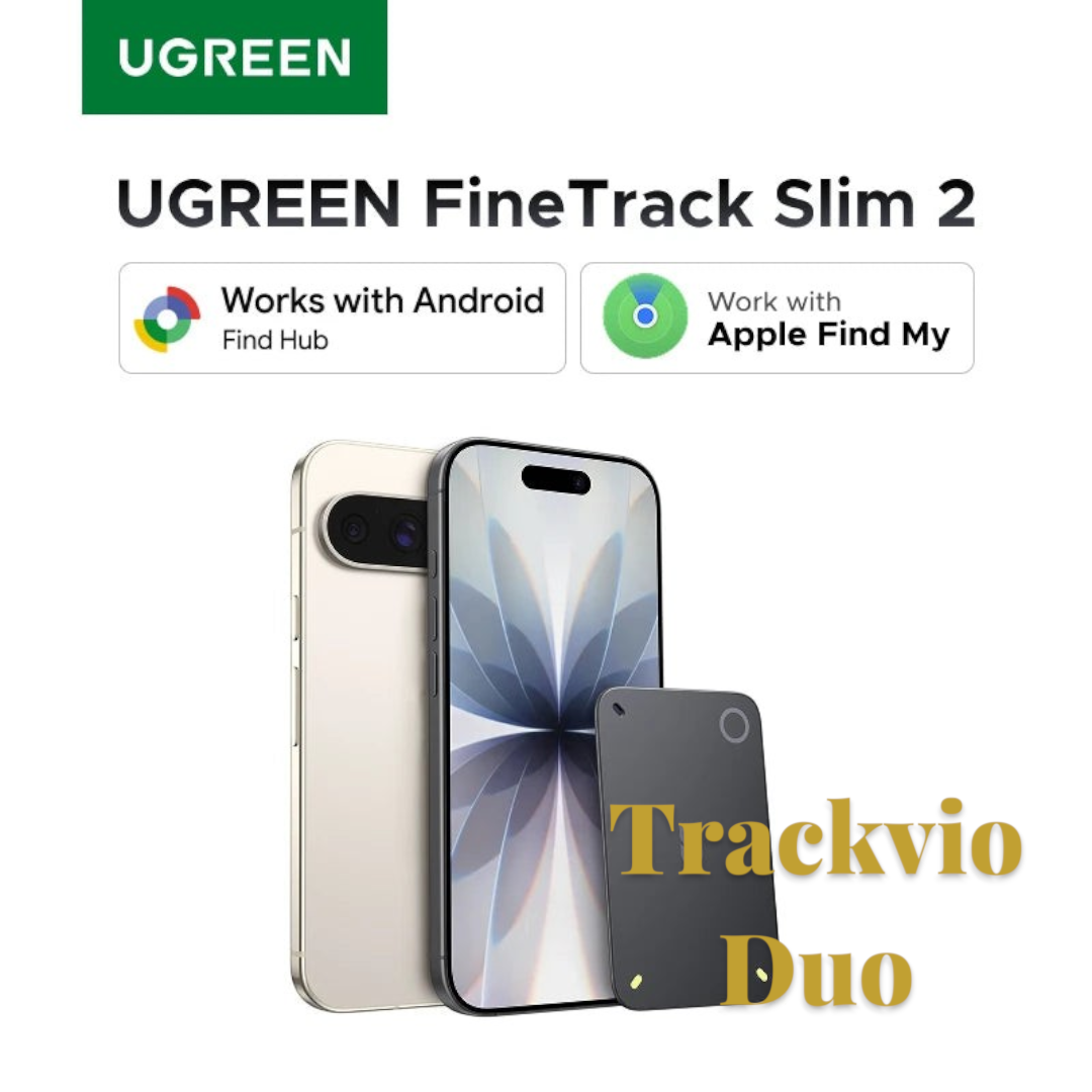Gr8est UGREEN FineTrack Slim 2 smart tracker next to a smartphone, featuring Apple Find My and Android compatibility.