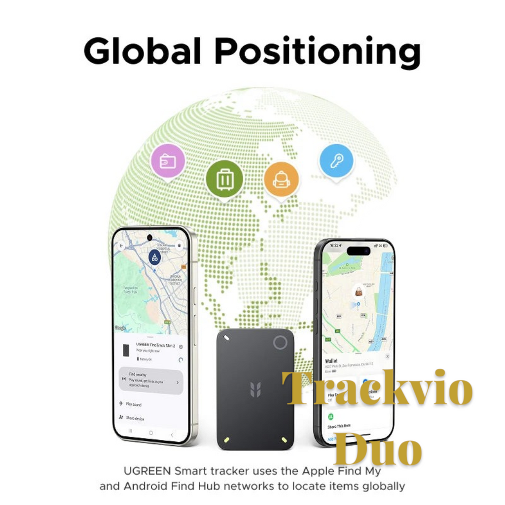 Gr8est UGREEN FineTrack Slim 2 smart tracker shown with smartphones displaying global item location maps