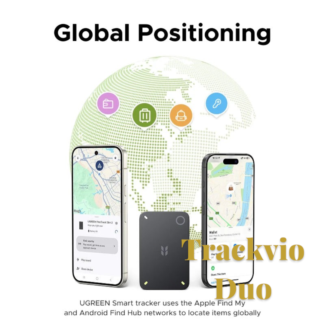 Gr8est UGREEN FineTrack Slim 2 smart tracker shown with smartphones displaying global item location maps