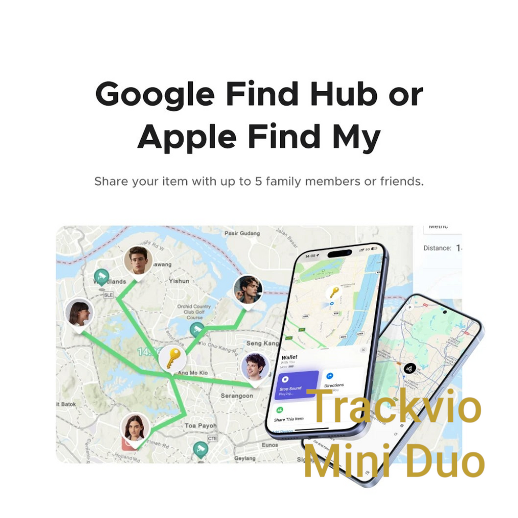Gr8est UGREEN smart item tracker showing location sharing features on Apple Find My and Google Find Hub map interface