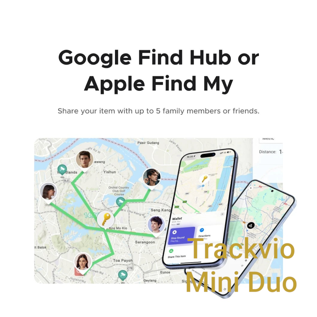 Gr8est UGREEN smart item tracker showing location sharing features on Apple Find My and Google Find Hub map interface