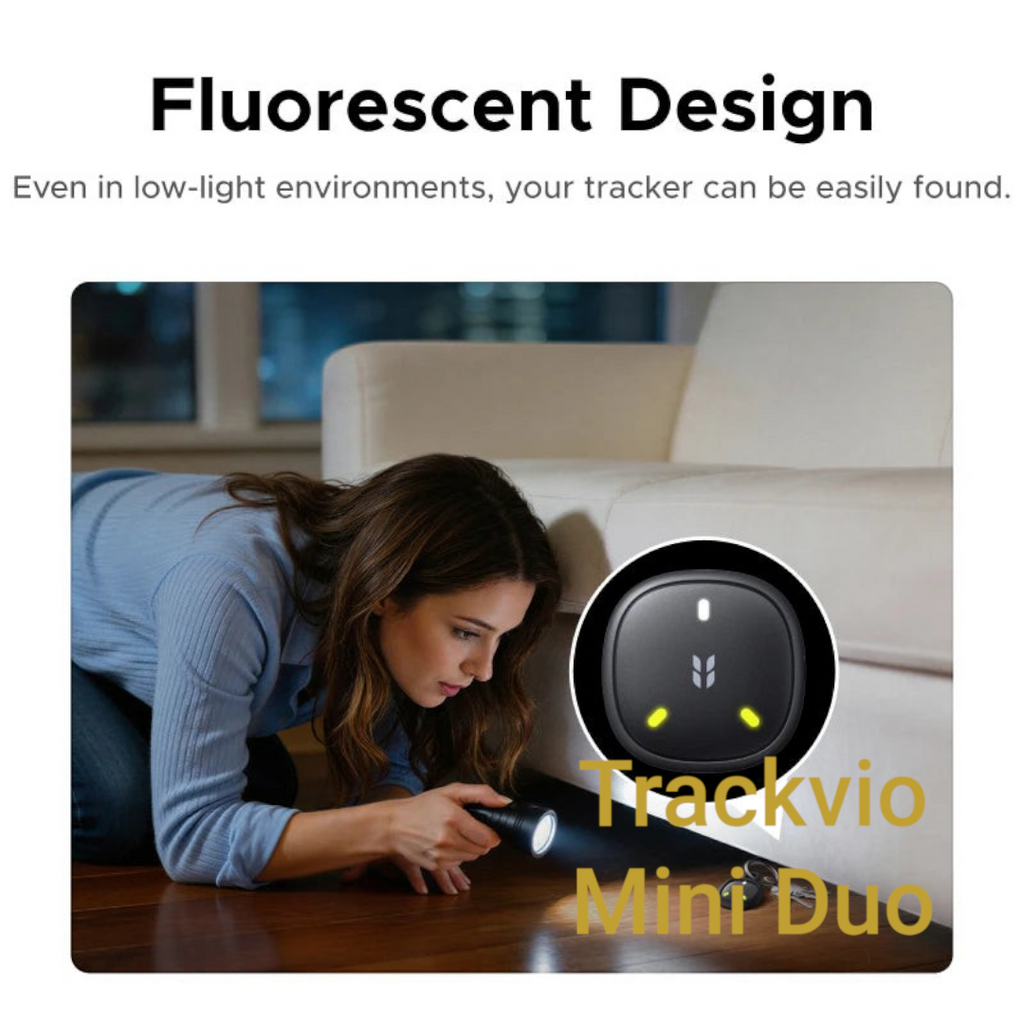 Gr8est UGREEN smart item tracker with fluorescent accents being searched for by a woman with a flashlight under a sofa